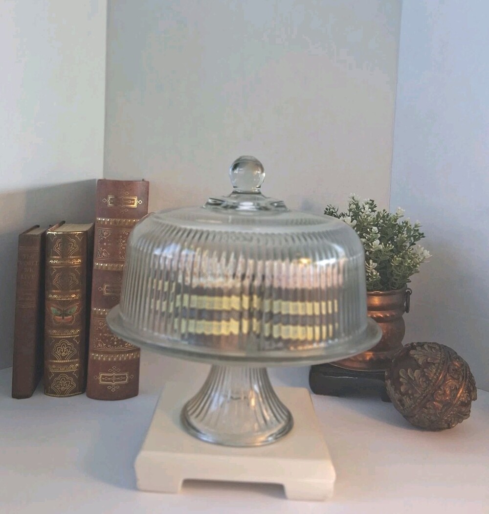 VINTAGE! Anchor Hocking Monaco Ribbed Clear Glass Cake Stand/Punch Bowl Set, 11"